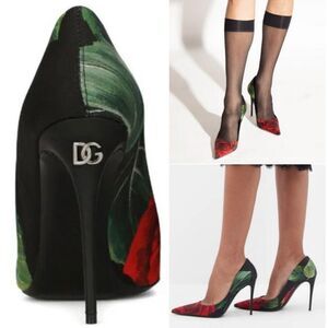 NWT DOLCE & GABBANA Black Satin Rose Print Pointed Toe Stiletto Pumps Si…